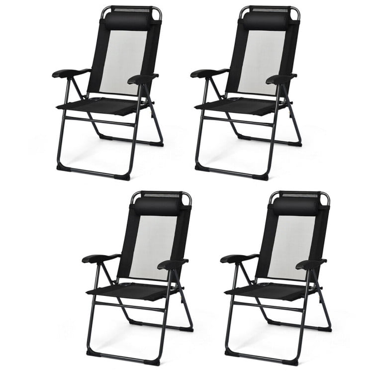 Black Adjustable Reclining Folding Patio Chairs with Headrests, Set of 4