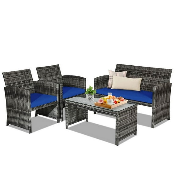 Spaco 4 Pieces Patio Rattan Furniture Set, Balcony Furniture Outdoor Rattan Patio Conversation Set with Loveseat-Navy