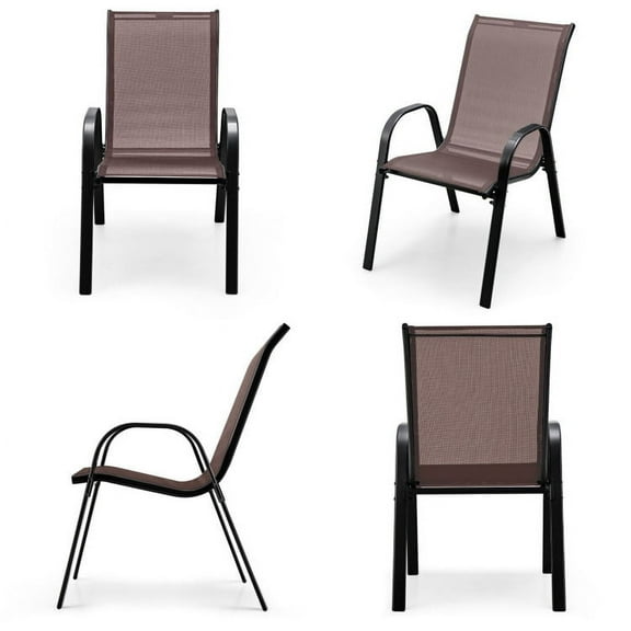 Spaco 4 Pieces Stackable Patio Dining Chairs Set with Armrest-Brown, Outdoor Stackable Dining Chairs for All Weather, Breathable Garden Outdoor Furniture for Backyard Deck