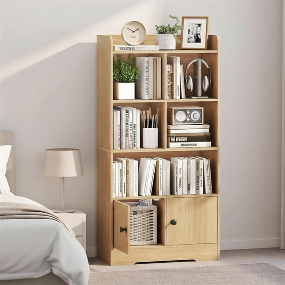 Spaco 4-Tier Book Shelf 4 Cubes Display Shelf & 2 Doors Magnetic Latch Sturdy Framework Storage Cabinet for Living Room Office, White