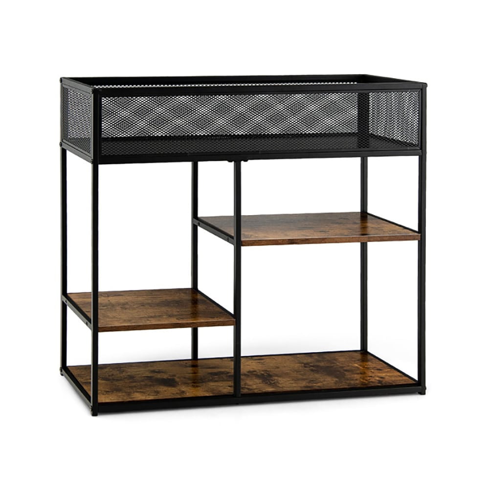 Rustic Brown and Black 4-Tier Industrial Console Table with Wire Basket