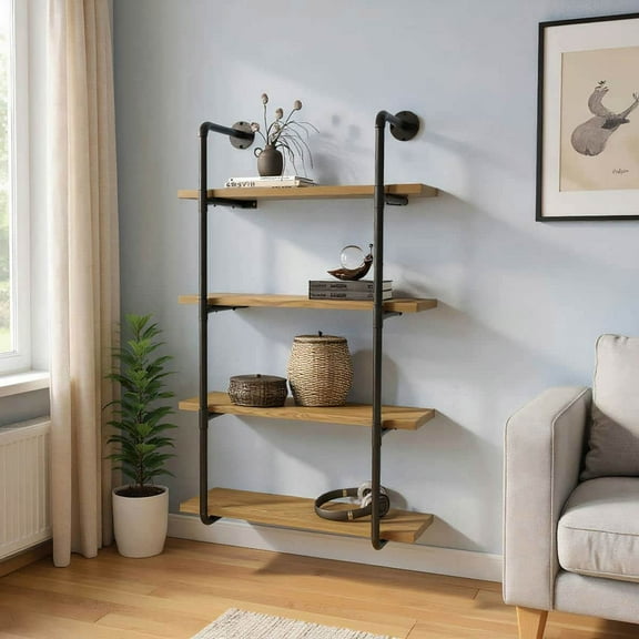 Spaco 4-Tier Industrial Pipe Shelves Floating Wall Mounted Bookshelf, Display Rack with Metal Frame, 1" Thickness Shelving Unit for Indoor as Living Room, Bedroom, Brown