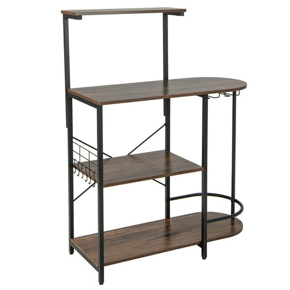 Spaco 4-Tier Kitchen Bakers Rack with 6 S-Hooks and Stemware Racks-Rustic Brown, Kitchen Storage Shelf for Spices, Pots, and Pans