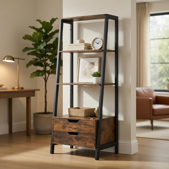 Spaco 4-Tier Ladder Shelf - 52.5-Inch Heavy-Duty Anti-Tip, 2 Drawers, Freestanding Bookcase, Rustic Brown