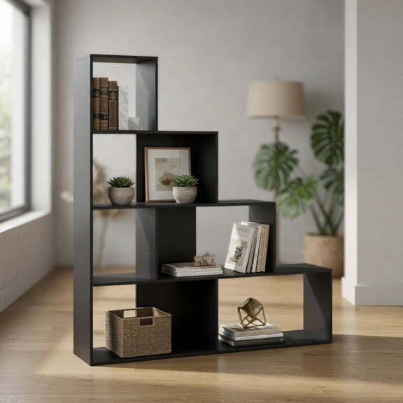 Spaco 4-Tier Modern Stepped Bookshelf - Anti-Fall 6 Storage Cubes, Living Room Storage, Black