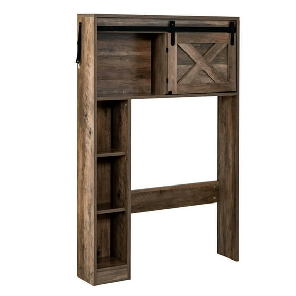 Spaco 4-Tier Over The Toilet Storage Cabinet with Sliding Barn Door and Storage Shelves-Brown, Bathroom Cabinet