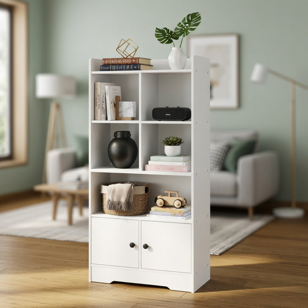 Spaco 4 Tiers Bookshelf with 4 Cubes Display Shelf and 2 Doors-White, Tall Bookshelf, Shelves for Living Room, Home Office, Bedroom, Balcony