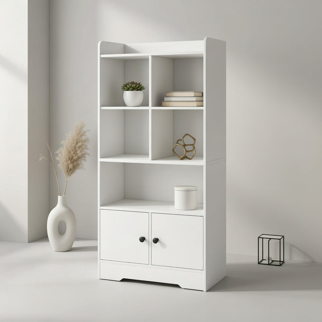Spaco 4 Tiers Bookshelf with 4 Cubes Display Shelf and 2 Doors-White, Tall Bookshelf, Shelves for Living Room, Home Office, Bedroom, Balcony