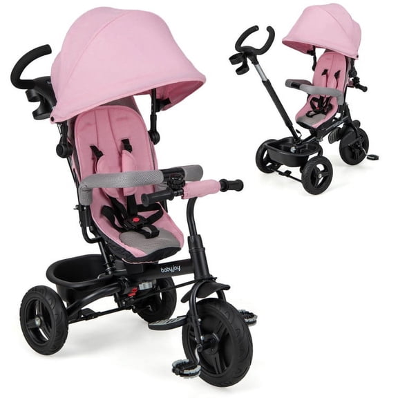 Spaco 4-in-1 Baby Tricycle Toddler Trike with Reversible Seat and 5-Point Safety Harness-Pink, Compact Stroller for Infant & Toddler