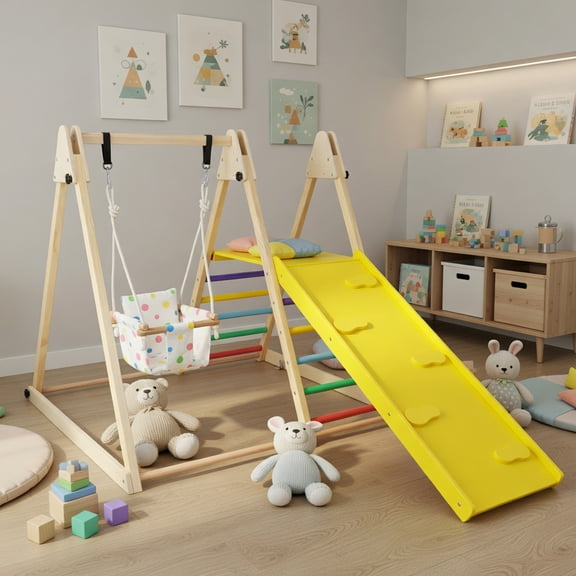 Spaco 4-in-1 Indoor Jungle Gym, Baby Swing, Climbing Ramp, Height-Adjustable, Multicolor