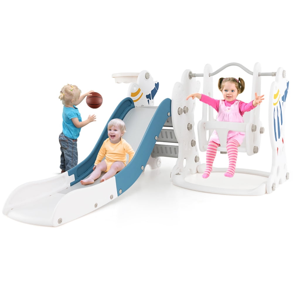 Spaco 4-in-1 Kids Slide and Swing Set with Basketball Hoop, Easy Set Up Playset for Indoor Outdoor Backyard, Safe Toy for Children, Blue