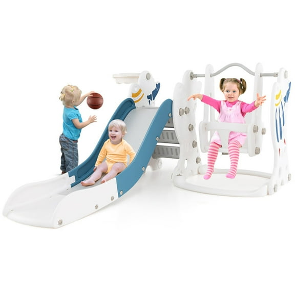 Spaco 4-in-1 Kids Slide and Swing Set with Basketball Hoop, Easy Set Up Playset for Indoor Outdoor Backyard, Safe Toy for Children, Blue