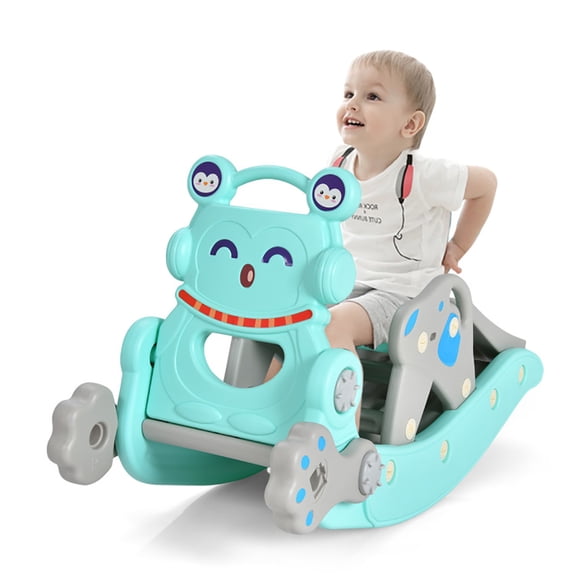 Spaco 4-in-1 Rocking Horse and Slide Set for Kids, Easy Set Up Playset for Indoor Outdoor Backyard, Safe Toy for Children, Blue