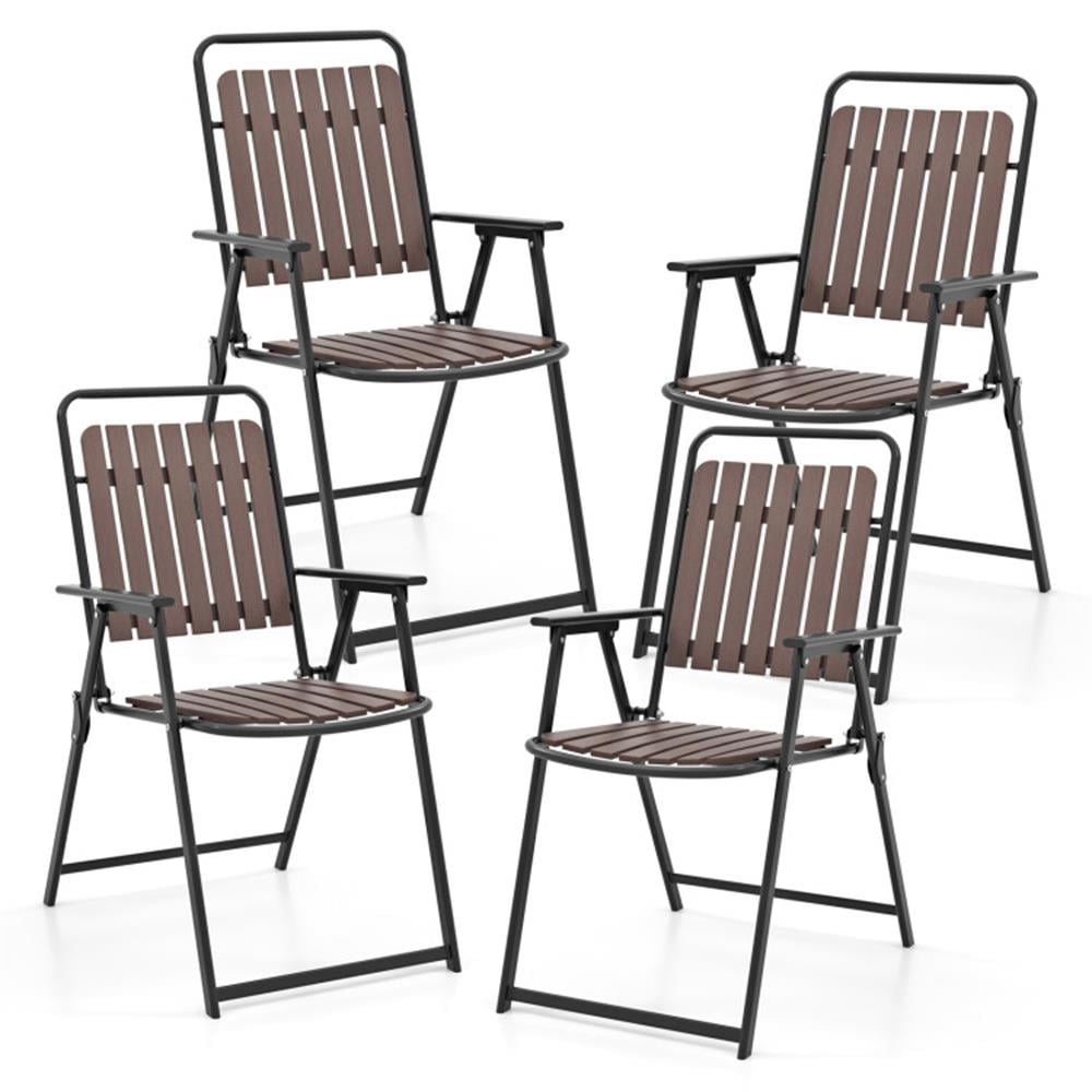 Spaco 4 pcs Patio Folding Chairs with PP Seat and Back and 400 LBS Heavy-Duty Metal Frame, Front Porch Furniture, Outdoor Patio Furniture-Brown