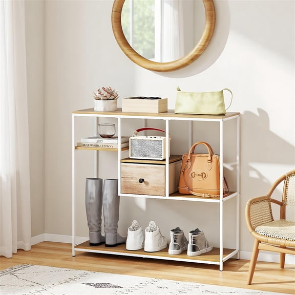 Spaco 40 Inch Console Table Behind Sofa Staggered Shelves Fabric Drawer Metal Frame Anti-Slip Feet Foldable Design Entryway Living Room Storage, Natural and White