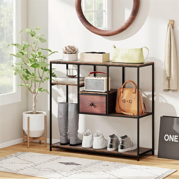 Spaco 40 Inch Console Table Behind Sofa Staggered Shelves Fabric Drawer Metal Frame Anti-Slip Feet Foldable Design Entryway Living Room Storage, Rustic Brown