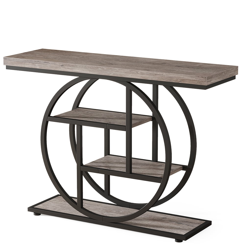 Spaco 41.3" Console Table with 1.57" Thick Tabletop, Industrial 4-Tier Sofa Entryway Table with Circle Base, Gray