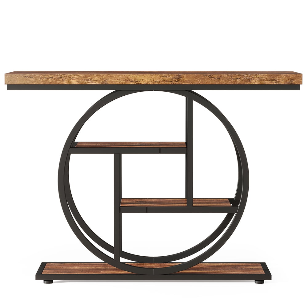 Spaco 41.3" Console Table with 1.57" Thick Tabletop, Industrial 4-Tier Sofa Entryway Table with Circle Base, Rustic Brown
