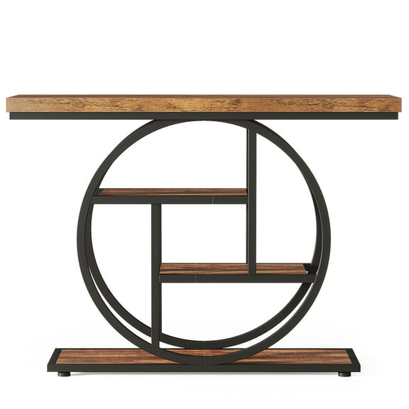 Spaco 41.3" Console Table with 1.57" Thick Tabletop, Industrial 4-Tier Sofa Entryway Table with Circle Base, Rustic Brown