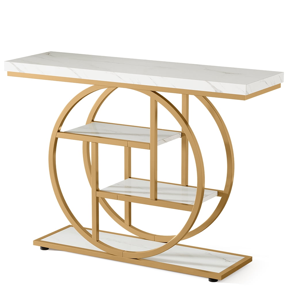 Spaco 41.3" Console Table with 1.57" Thick Tabletop, Industrial 4-Tier Sofa Entryway Table with Circle Base, White