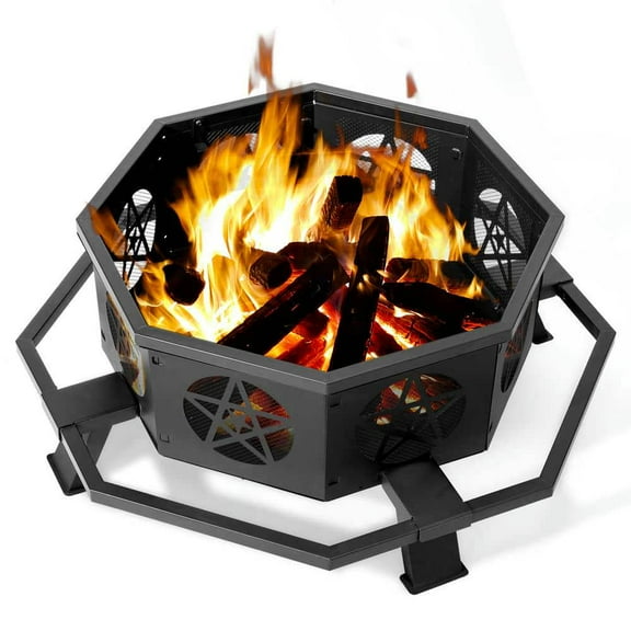 Spaco 43-inch Versatile Fire Pit with Footrest and Pentagram Ventilation Opening, Octagonal Fire Pit, Fire Pit for Outdoor as Patio, Picnic, Backyard, Black