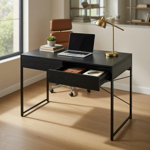 Spaco 44 Inch Computer Desk - X-Shaped Bracket Anti-Tip Device, Metal Frame 2 Drawers, Black