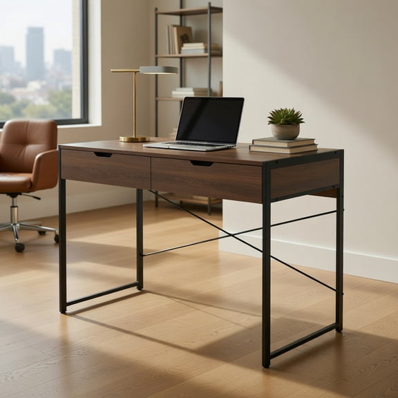 Spaco 44 Inch Computer Desk - X-Shaped Bracket Smooth Slides, Metal Frame 2 Drawers, Oak