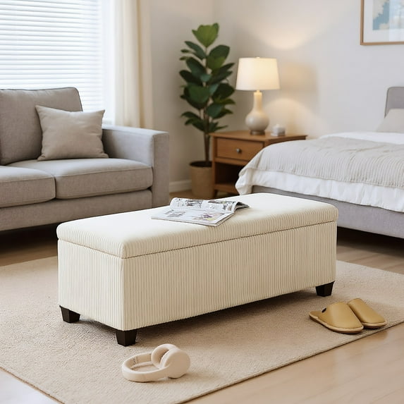Spaco 44 Inches Ottoman with Storage and Lid, Corduroy End of Bed Bench for Indoor as Living Room, Entryway, Beige