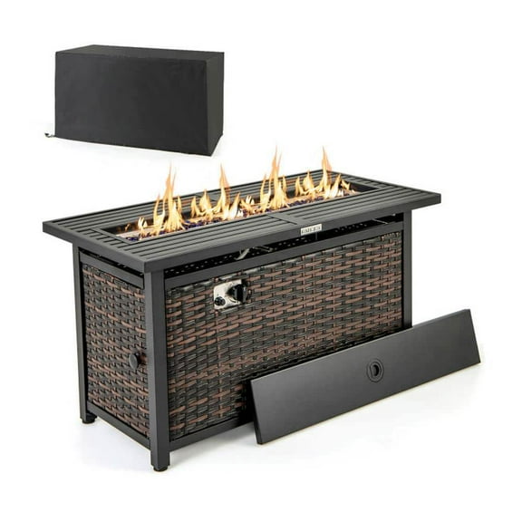 Spaco 45 Inch Propane Rattan Firepit Table, Firepit Table with Glass Stones and Protective Cover, Dual-Purpose Firepit Table for Outdoor as Patio, Picnic, Backyard, Mixed Brown