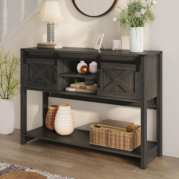 Spaco 46" Farmhouse Console Table with Sliding Barn Door & Adjustable Shelf, Entryway & Hallway Table, Dark Gray