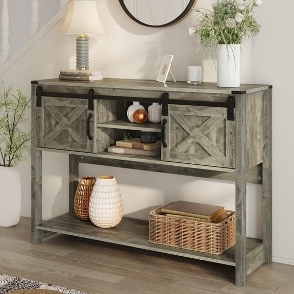 Spaco 46" Farmhouse Console Table with Sliding Barn Door & Adjustable Shelf, Entryway & Hallway Table, Rustic Oak