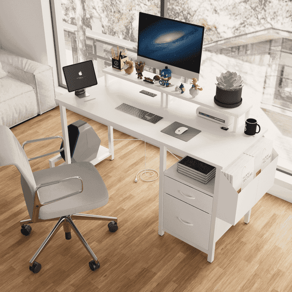 Spaco 47.3" Office Desk with 2 Monitor Stands and 2 Drawers, Computer Table with Side Pocket and Power Outlet, Frame stability Reversible for Indoor as Home, White