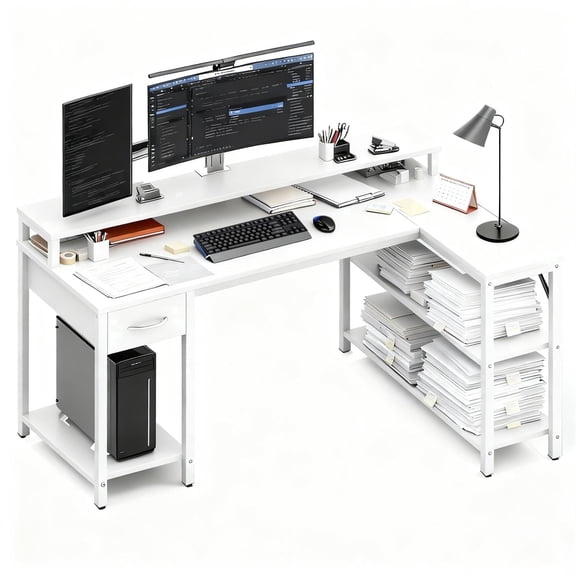 Spaco 47-Inch Convertible L-Shaped Game Desk, RGB LED Monitor Stand, 2 AC 1 USB 1 Type-C Outlets, Scratch-Proof MDF for Gaming Work Area, White