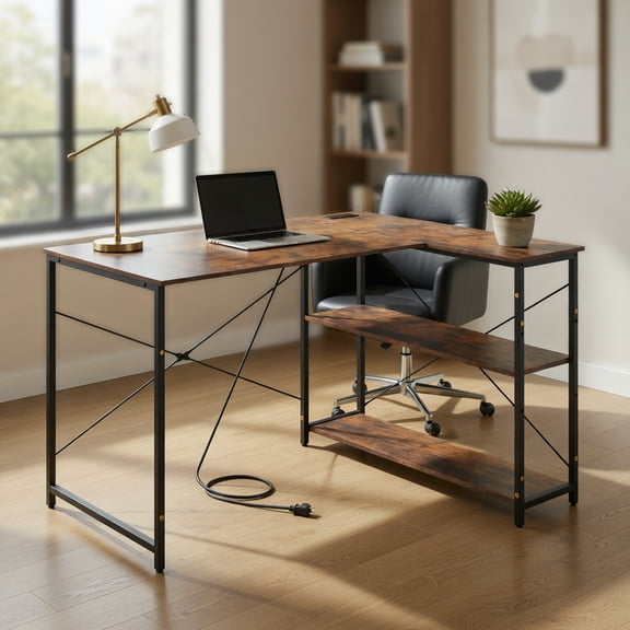 Spaco 47 Inch Reversible L-Shaped Corner Desk - Charging Station Cross-Shape Reinforcement, Adjustable Storage Shelves, Rustic Brown