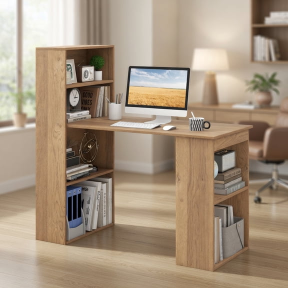 Spaco 48 Inch Computer Desk with 4-Tier Bookcase and CPU Stand-Natural, Office Desk, Gaming Computer Desks for Study,Working,Writing