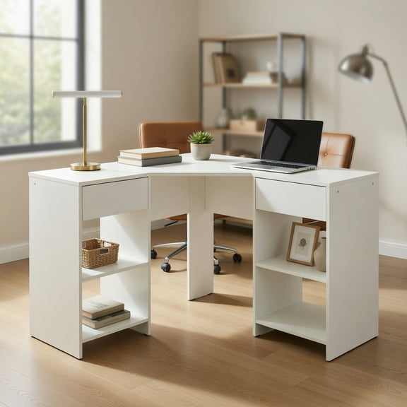 Spaco 48 Inch L-Shaped Corner Executive Computer Desk - Anti-Scratch Foot Pads Smooth Metal Slides, Drawer-Equipped, White
