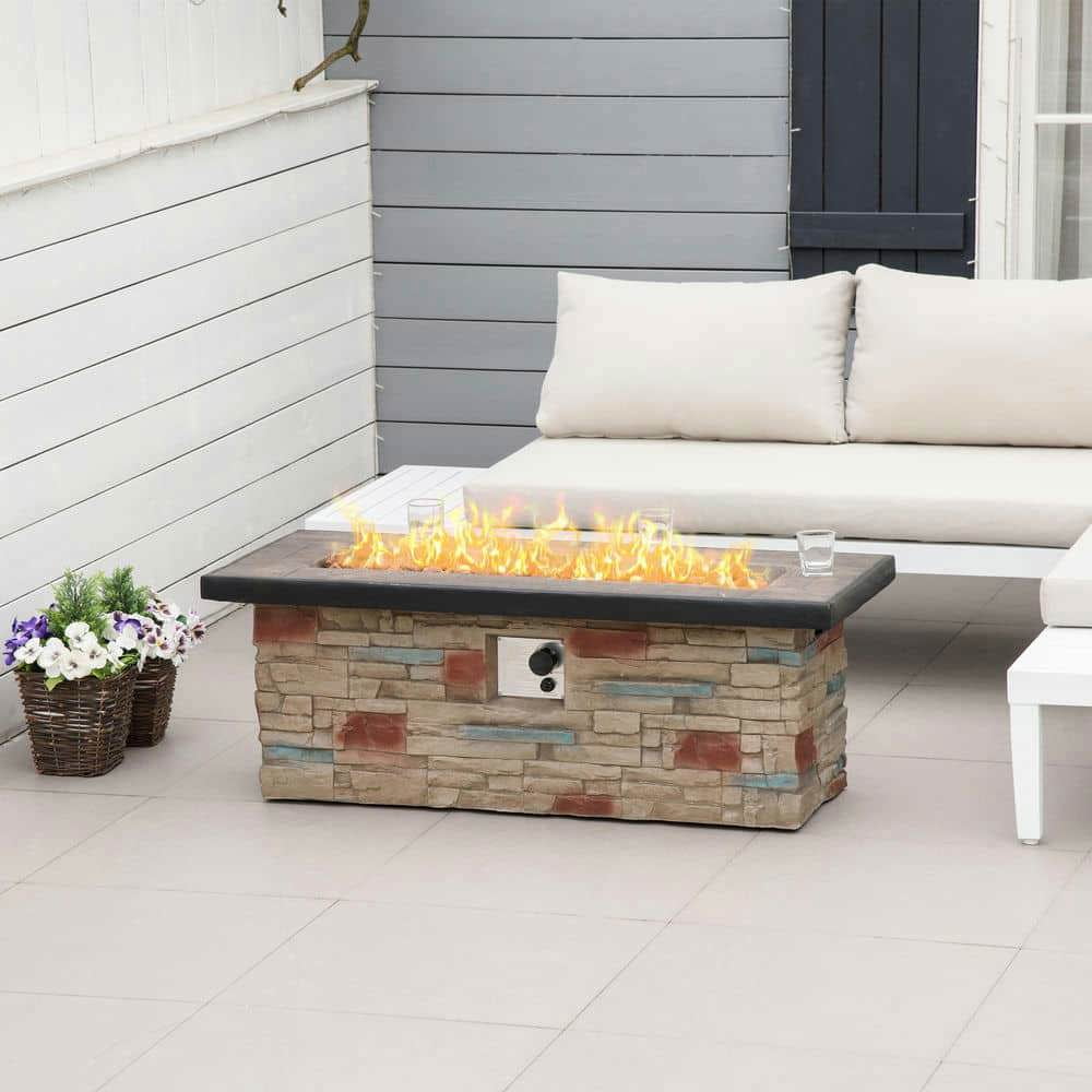 Spaco 48 Inch Propane Gas Fire Pit Table, 50,000 BTU Auto-Ignition Rectangular Firepit with Lava Rocks and Rain Cover, Faux Ledge Stone Gas Firepit for Outdoor as Patio, Picnic, Backyard, Brown
