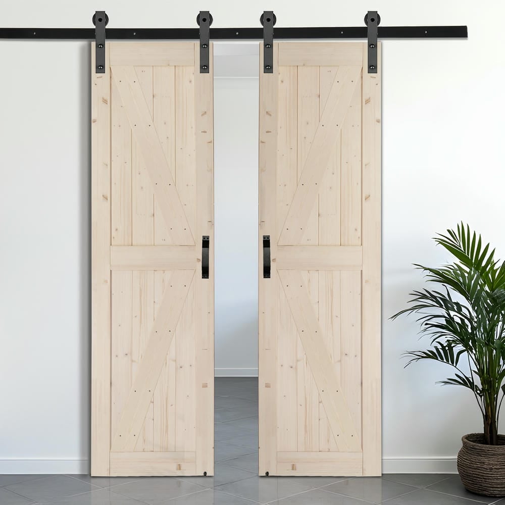 Spaco 48 inch x 84 inch Sliding Double Barn Door with 8 FT Barn Door Hardware Kit & Handle, Solid Spruce Wood Barn Door,Requires Simple DIY Assembly, Brown Spaco 48 inch x 84 inch Sliding Double Barn Door with 8 FT Barn Door Hardware Kit & Handle, Solid Spruce Wood Barn Door,Requires Simple DIY Assembly, Brown