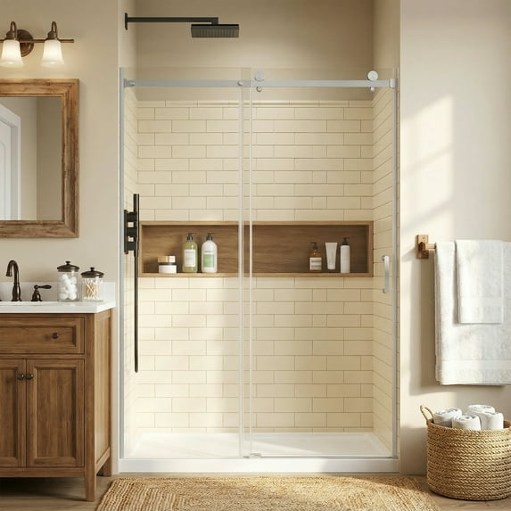Spaco 48x72 Inch 1/4" Thick Single Slide Frameless Shower Door, High-Quality Tempered Glass & Stainless Steel, Adjustable Width, Reversible Installation, Leak-Proof Seal, Silver