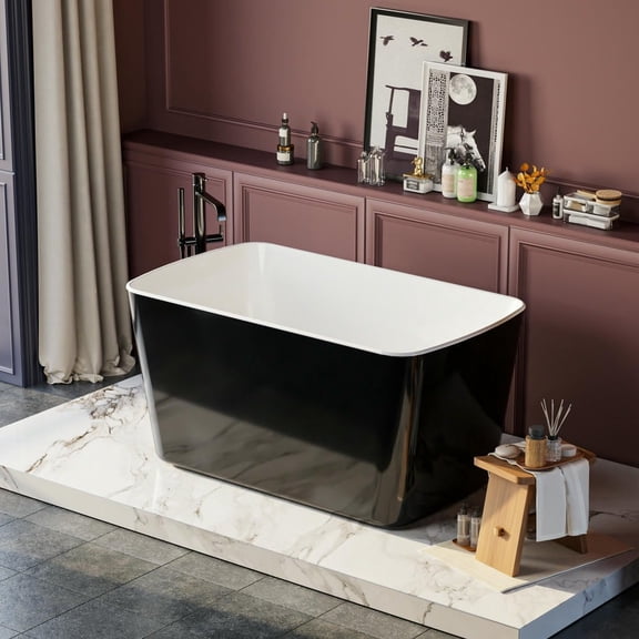 Spaco 49'' x 28'' Acrylic Freestanding Soaking Bathtub, Square-shape Japanese Soaking Hot Tub, Sit-In Design with Chrome Overflow and Drain, Available for Express Delivery, Black