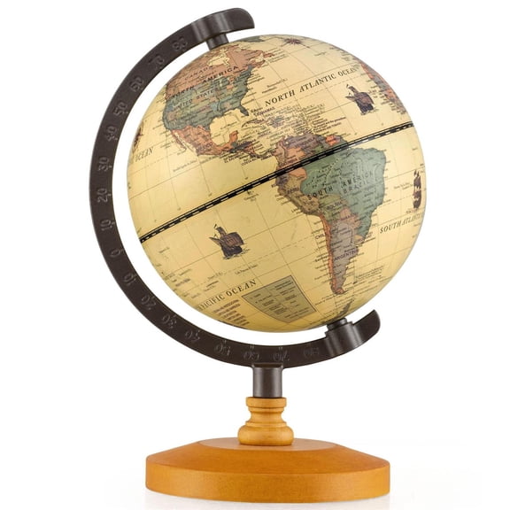 Spaco 5.5" Mini Antique Globe, Rotating, Wooden Base, Educational Tool, Bronze