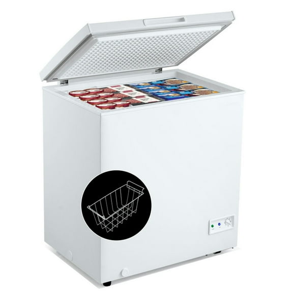 Spaco 5 Cubic Feet Compact Chest Freezer with 2 Rolling Wheels, Upright Chest Freezer with Removable Storage Basket, Freestanding Chest Freezer for Indoor as Kitchen, White