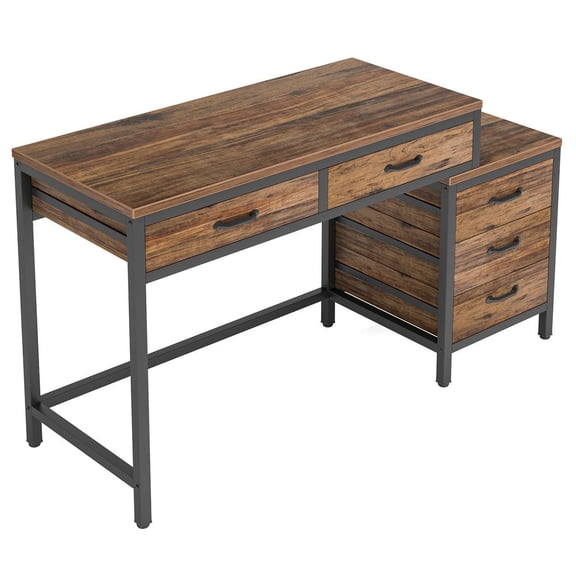 Spaco 5-Drawer Computer Desk, Study Writing Table with Reversible Drawer Cabinet, Desk for Indoor as Home, Office, Brown