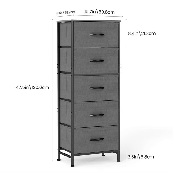 Spaco 5 Drawer Dresser with Fabric Bins, Steel Framework, Wooden Tabletop, Effortless Clean Design for Kids Room Nursery Adult Bedroom, Gray
