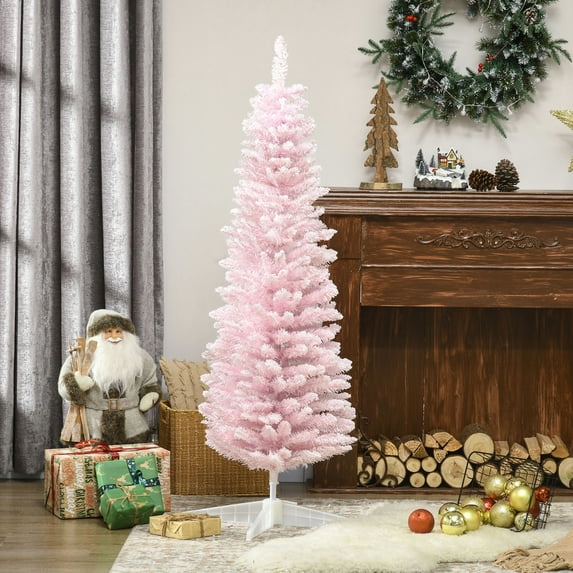 Spaco 5 Feet Tall Snow Flocked Artificial Pencil Christmas Tree, Slim Xmas Tree with Realistic Branches and Plastic Base Stand, Christmas Tree for Holiday Decor, Pink