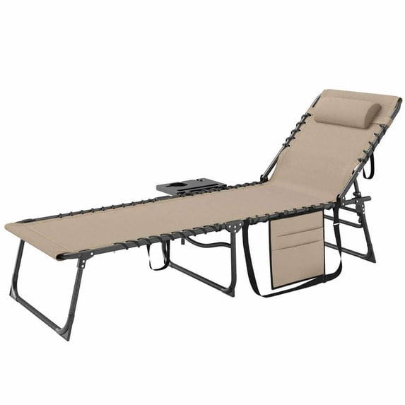 Spaco 5-Level Adjustable Chaise Lounge with Side Table, Pillow, Storage Pocket, Outdoor Tanning Chair for Patio, Garden, Poolside, Beige