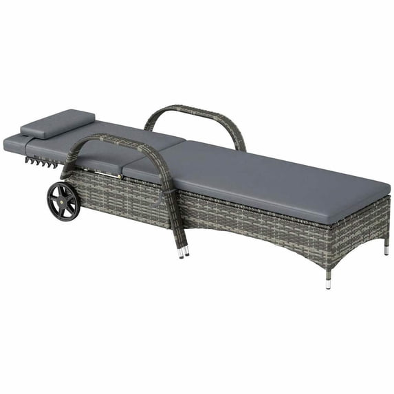 Spaco 5-Level Rattan Pool Lounge Chair with Adjustable Backrest, Wheels, Pillow, and Headrest, Perfect for Outdoor Relaxation, Gray