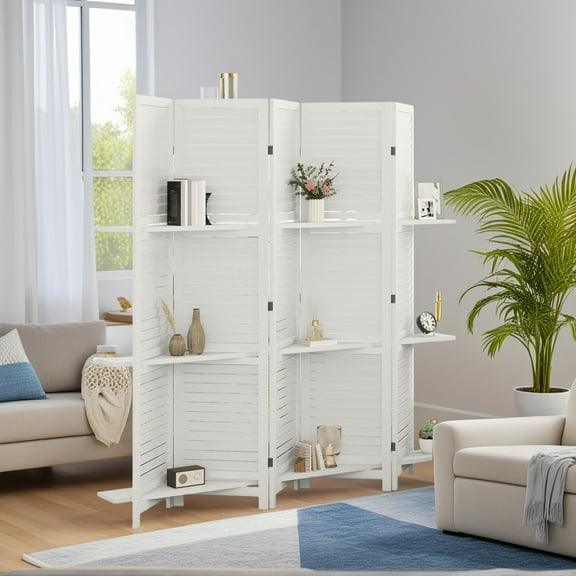Spaco 5 Panel 67" Tall Wood Privacy Screen, Folding Convenience Room Divider with 3 Shelves and Storage for Indoor as Living Room, Entryway, White