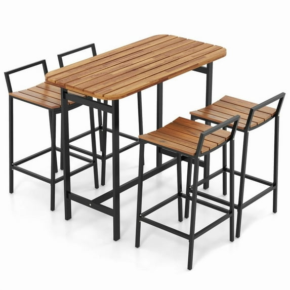 Spaco 5 Piece Acacia Wood Bar Table Set Bar Height Table and Chairs with Metal Frame and Footrest, Furniture Conversation Sets, Coffee Table for Garden, Poolside, Backyard