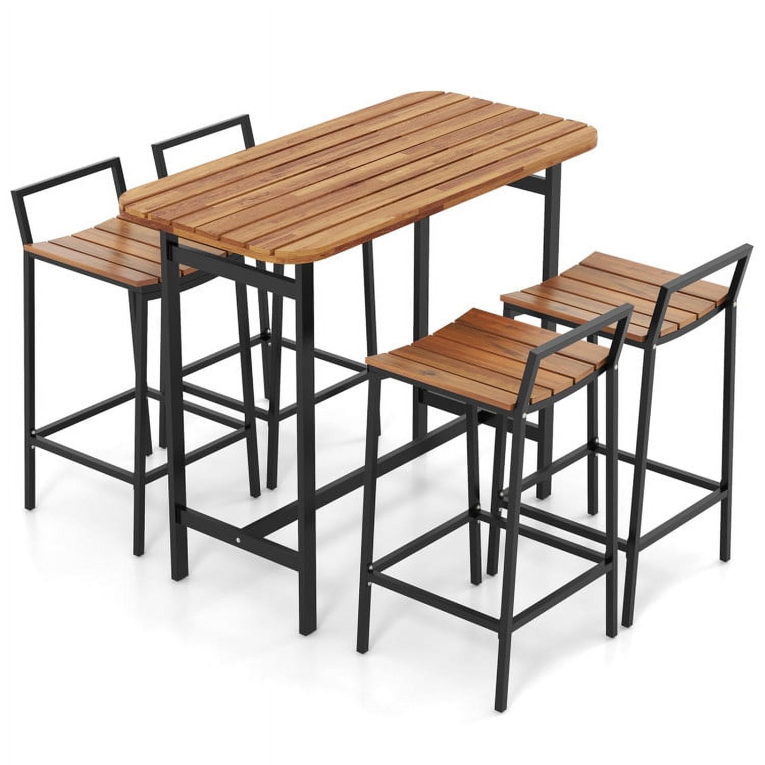 Natural and Black Acacia Wood 5-Piece Bar Height Table Set